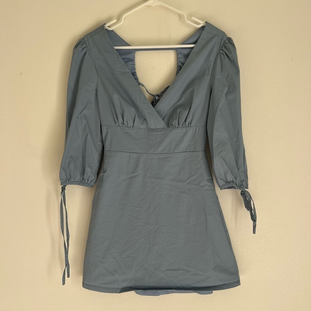 Lulus Dusty Blue Dream About Me Backless Puff Sleeve Mini Dress Size Small
